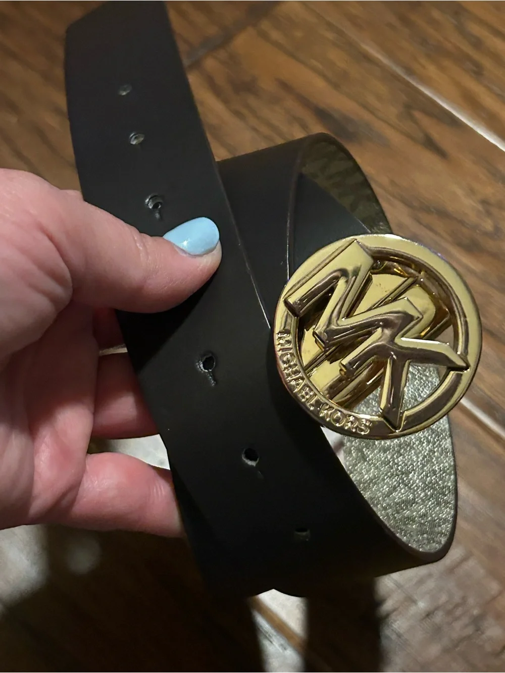 Michael Kors Women’s Gold Metallic Logo Buckle Belt- reversible